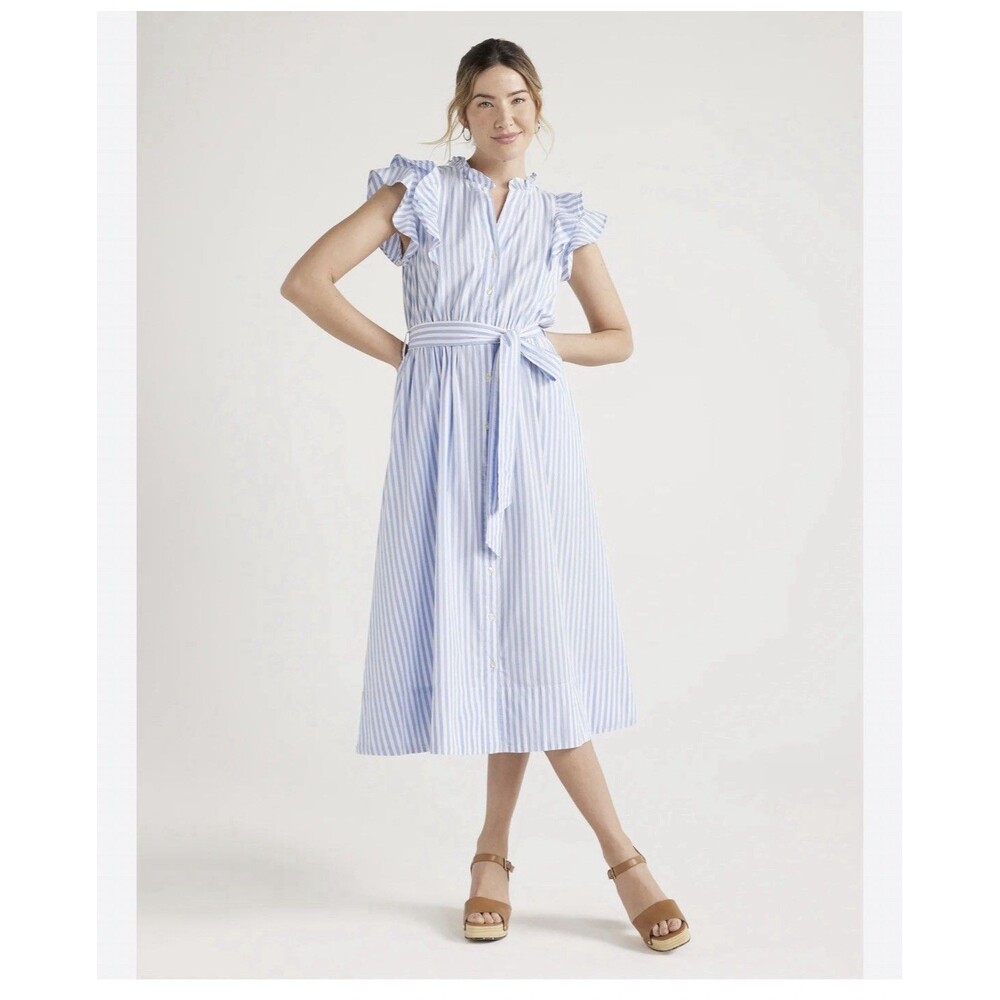 Free Assembly Women's Cotton Ruffle Neck Shirtdress Medium Light Blue White NWT
